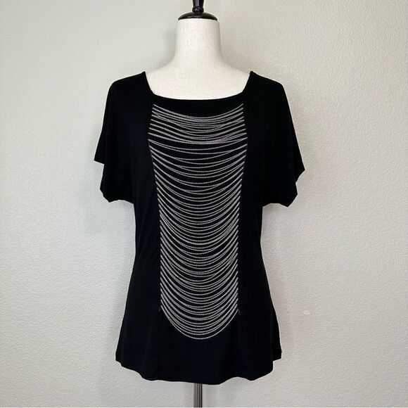 INC International Concepts Silver Chain Short Sleeves Black Tee - Picture 1 of 11